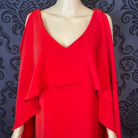 NWT Belle Badgley Mischka Women's Red Weasy Caped Mini Dress Size 0 - Picture 2 of 11